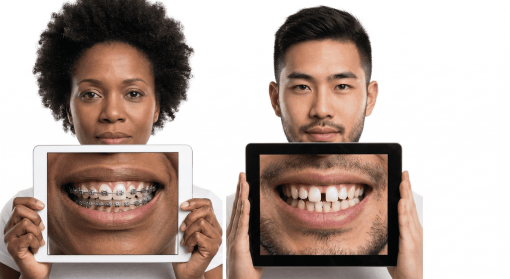 Comparação fotorrealista de estúdio: uma mulher negra com cabelo natural segura um tablet com a boca com aparelho metálico, e um homem asiático segura um tablet com a boca com diastema. Ambos mostram problemas dentários a serem corrigidos. Fundo branco puro.
